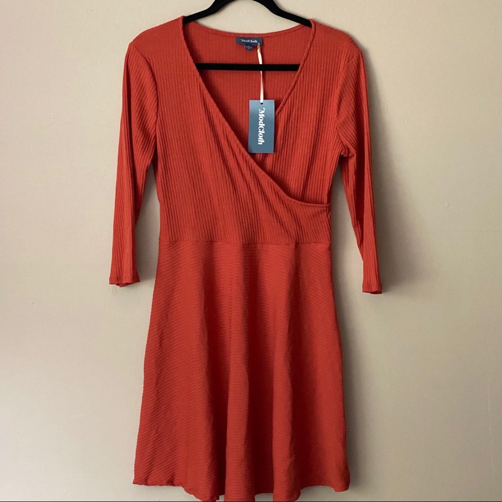 ModCloth orange faux-wrap ribknit dress